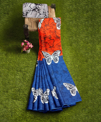 LOVWEAR Floral Print Daily Wear Pure Cotton Saree(Blue)