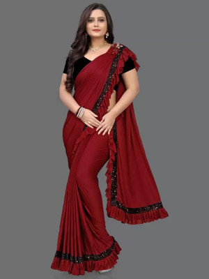 KHODIYAR FASHION Solid/Plain Banarasi Lycra Blend Saree(Red)