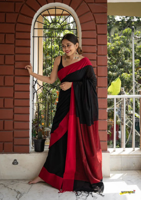 SUDIPTA Solid/Plain Chanderi Chanderi Saree(Black)