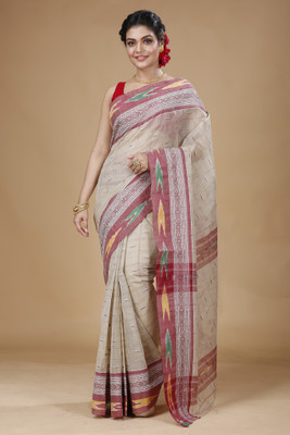 Bong ButiQ Self Design Tant Handloom Pure Cotton Saree(Beige)