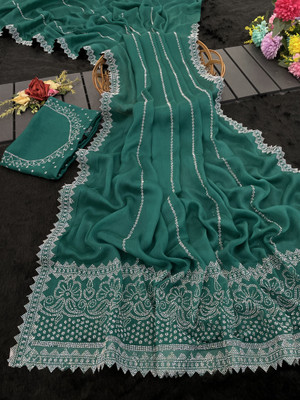 HouseOfCommon Embellished Bollywood Pure Silk Saree(Dark Green)