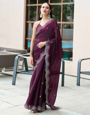 Satrani Embroidered, Embellished Bollywood Tissue Saree(Purple)