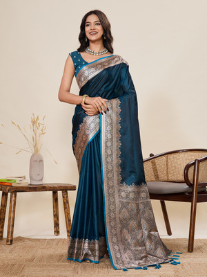VISVASTA Woven, Self Design, Striped, Dyed, Printed, Embellished Handloom Jacquard, Cotton Silk Saree(Light Blue)