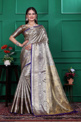 SHREE NATH CREATION Woven Dharmavaram Cotton Blend Saree(Grey, Gold)
