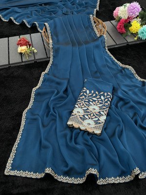 saanvi Embroidered, Solid/Plain Bollywood Art Silk Saree(Blue)