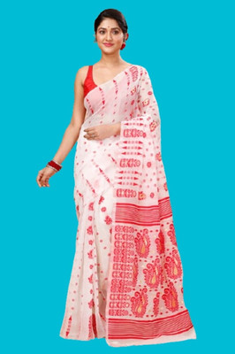 Happy Creation Woven Jamdani Handloom Cotton Blend Saree(White, Red)