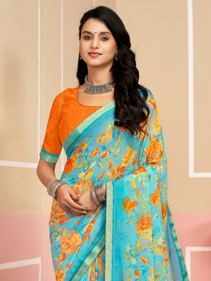 Anouk Rustic Printed Daily Wear Chiffon Saree(Light Blue)