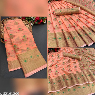 NIYAMI Woven, Printed, Self Design, Floral Print Bollywood Cotton Silk, Jacquard Saree(Orange)