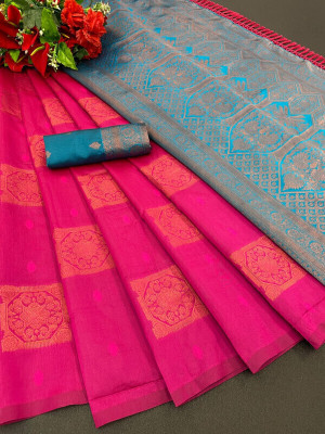 STYLEVEDA Woven Banarasi Cotton Silk Saree(Pink, Blue)