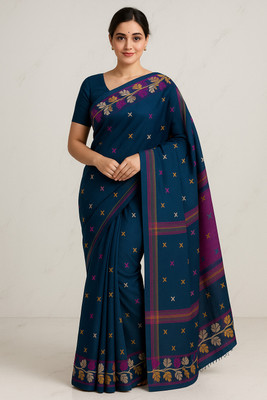 Pradip Fabrics Self Design Tant Cotton Blend Saree(Blue)