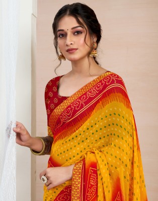 Samah Printed, Geometric Print, Embellished Bandhani Chiffon Saree(Red, Yellow)