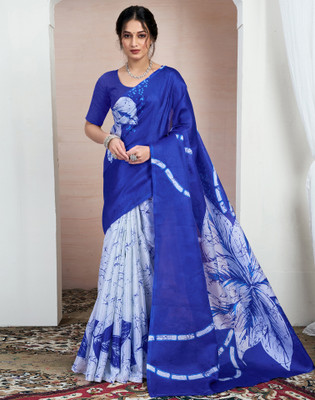 Samah Floral Print, Printed Daily Wear Cotton Blend Saree(Blue)