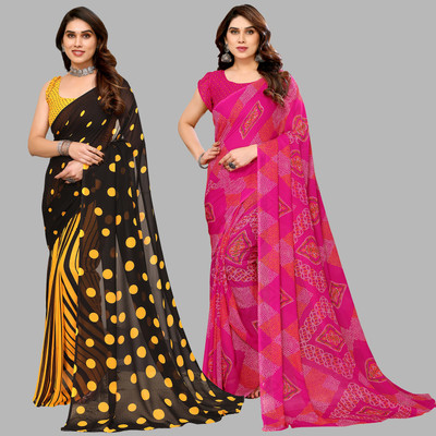 Anand Sarees Printed Daily Wear Georgette Saree(Pack of 2, Yellow, Black, Pink)
