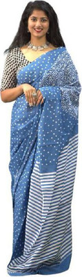 Clothonus Printed Ikkat Pure Cotton Saree(Blue)