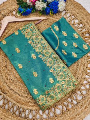 Mikhushop Embroidered Bollywood Supernet Saree(Light Blue)