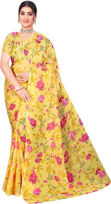 INDONIQ Floral Print, Printed Daily Wear Chiffon, Georgette Saree(Yellow)
