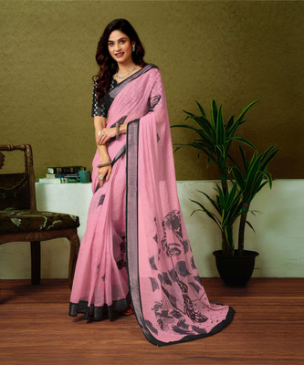 Satrani Digital Print, Floral Print, Printed Bollywood Linen Saree(Pink)