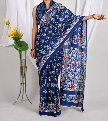 Threadier Printed Bollywood Pure Cotton Saree(Dark Blue)