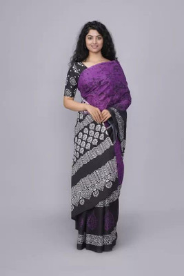 Tropwear Self Design, Printed, Blocked Printed, Digital Print, Hand Painted Ikkat Pure Cotton Saree(Purple)