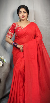 RIDDHIMAN FASHION Solid/Plain Handloom Pure Cotton Saree(Red)