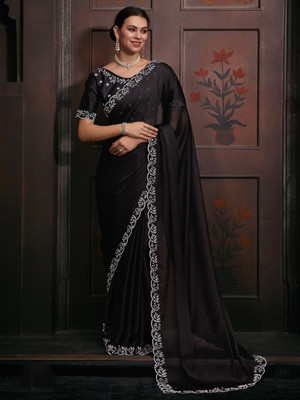 ANOUK Solid/Plain Daily Wear Polyester Saree(Black)