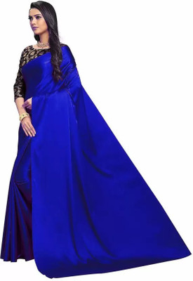 cosfic Solid/Plain Dharmavaram Satin Saree(Blue)