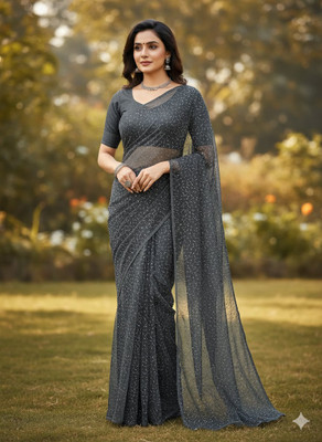 Anugrah Textile Solid/Plain Banarasi Lycra Blend, Chiffon Saree(Grey)