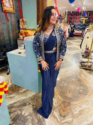 Starly Embroidered Pre Draped Saree Silk Blend Saree(Blue)