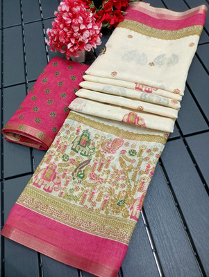 HouseOfCommon Floral Print Kanjivaram Linen, Cotton Linen Saree(Multicolor)