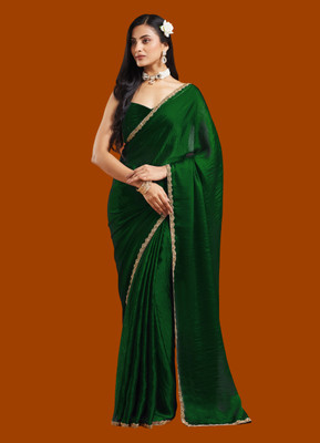 Croza Solid/Plain Chanderi Chiffon, Tussar Silk Saree(Dark Green)