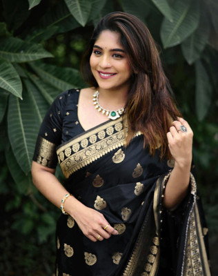 SIRIL Embroidered Kanjivaram Jacquard, Silk Blend Saree(Black, Gold)
