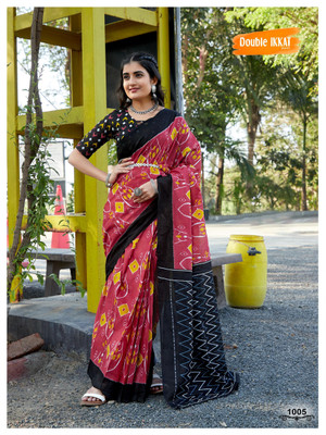 JASU CREATION Printed Ikkat Pure Cotton Saree(Red)