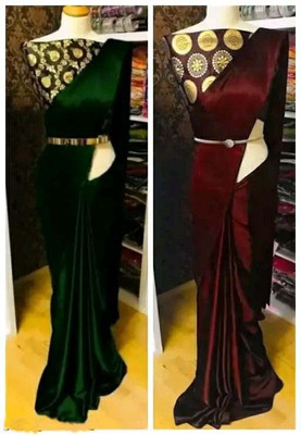 Aruna Sarees Solid/Plain Bollywood Satin Saree(Pack of 2, Green, Maroon)