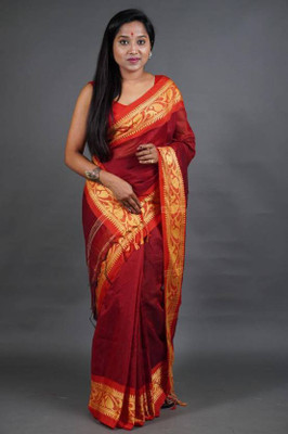 Joyguru Textile Woven Handloom Cotton Silk Saree(Red)