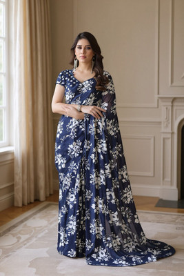 SmittenSmit Printed Bollywood Georgette Saree(Dark Blue, White)