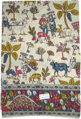 SR Handlooms And Textiles Printed Kalamkari Handloom Cotton Blend Saree(Blue)