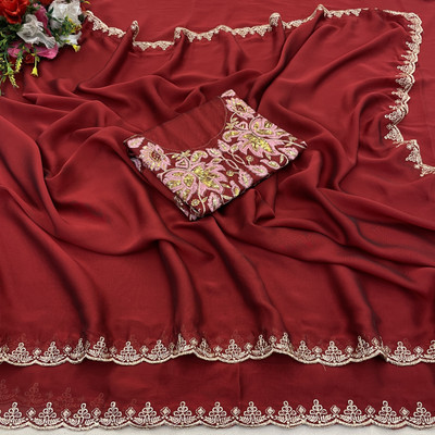 saanvi Self Design Bollywood Silk Blend Saree(Maroon)