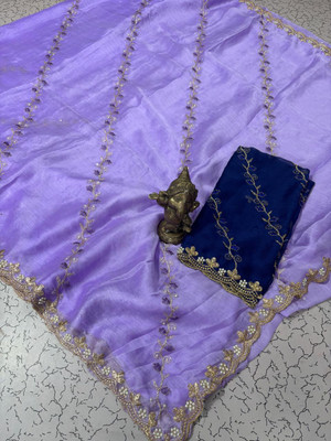 Pfancy silk Embellished, Embroidered, Floral Print Kanjivaram Polyester Saree(Purple)