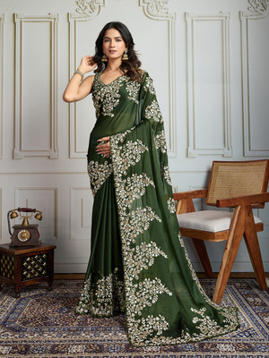 House of Pataudi Embroidered Saree with Attached Blouse Art Silk Saree(Green)