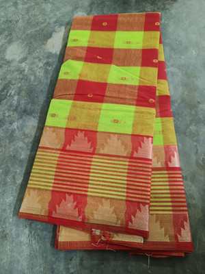 GOLU Self Design Tant Pure Cotton Saree(Light Green, Red)