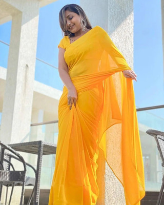 Prutha Fashions Solid/Plain Daily Wear Georgette, Chiffon Saree(Yellow)
