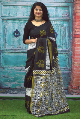 JAI HANUMAN HAND PRINTING Printed Daily Wear Pure Cotton Saree(Multicolor)