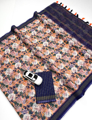ZARISTACREATION Floral Print Bollywood Dupion Silk Saree(Blue)