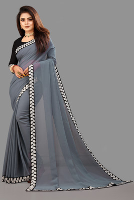Jevlan Solid/Plain Bollywood Georgette Saree(Grey)