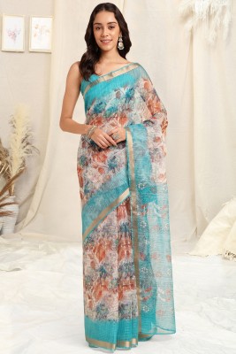 MIRCHI FASHION Printed, Floral Print Kota Doria Polyester Saree(Light Blue, Cream)