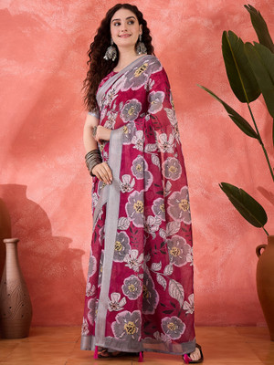 Sangria Printed Saree with Attached Blouse Cotton Blend Saree(Magenta)