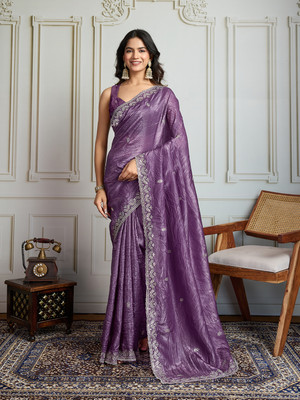 House of Pataudi Embroidered Saree with Attached Blouse Art Silk Saree(Purple)