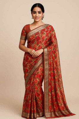 Sureta Digital Print Bollywood Cotton Linen Saree(Red)