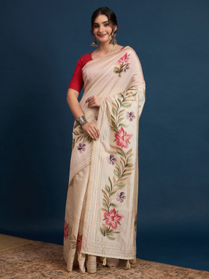 Sangria Printed Bollywood Tussar Silk Saree(Cream)