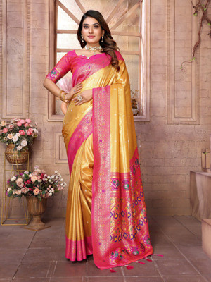 DEVPRIYA VENTURE Floral Print Banarasi Tissue Saree(Yellow)